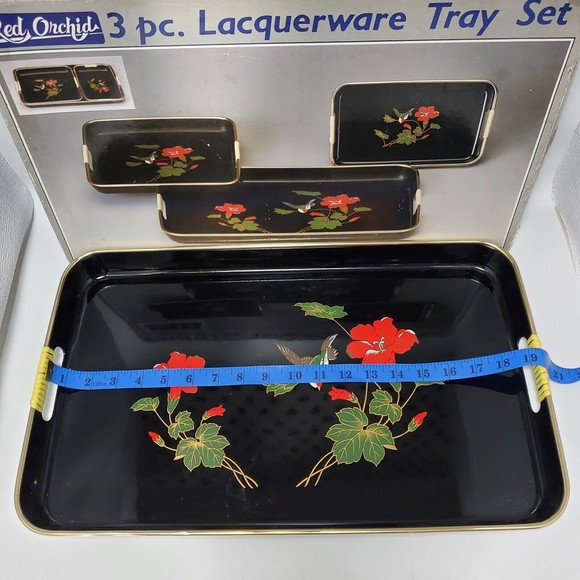 Vintage Red Orchid Lacquerware Nesting Tray Set Hibiscus And Hummingbird Motif - Picture 5 of 12